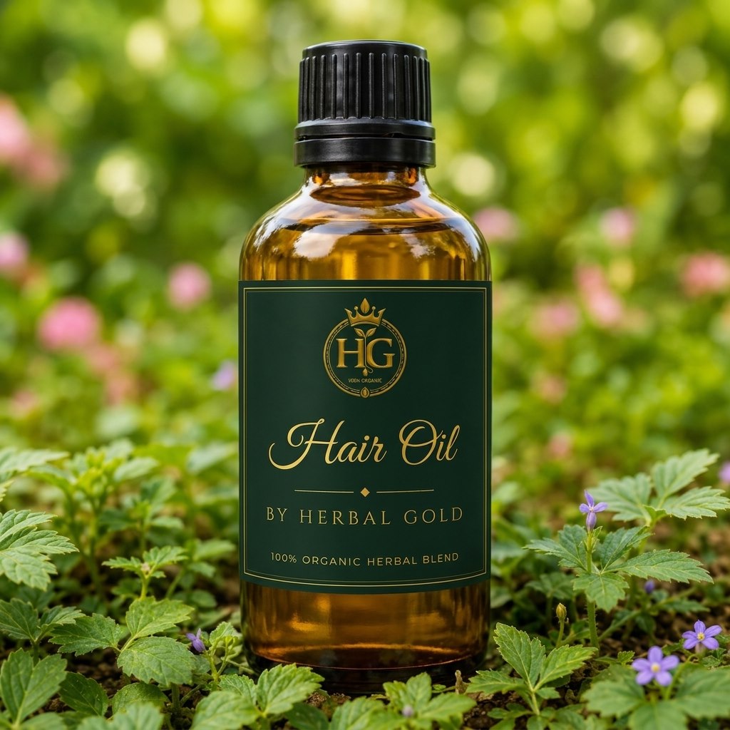 Herbal Gold Hair Oil bottle among fresh herbs