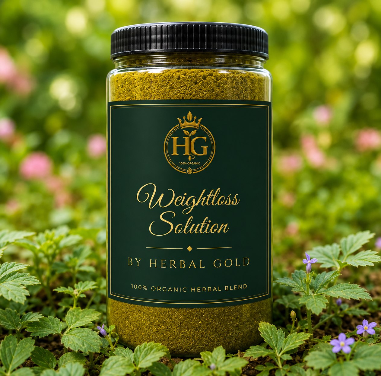 Herbal Gold Weight Loss Powder jar among fresh herbs